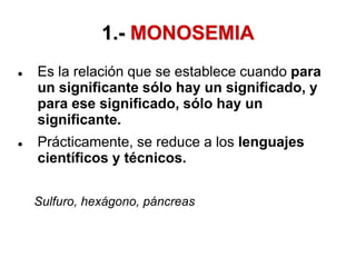 1.- MONOSEMIA
 Es la relación que se establece cuando para
un significante sólo hay un significado, y
para ese significado, sólo hay un
significante.
 Prácticamente, se reduce a los lenguajes
científicos y técnicos.
Sulfuro, hexágono, páncreas
 