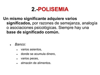 2.-POLISEMIA
Un mismo significante adquiere varios
significados, por razones de semejanza, analogía
o asociaciones psicológicas. Siempre hay una
base de significado común.
 Banco:
 varios asientos,
 donde se acumula dinero,
 varios peces,
 almacén de alimentos.
 