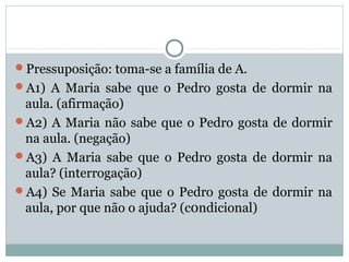 Pressuposição: toma-se a família de A.
A1) A Maria sabe que o Pedro gosta de dormir na
aula. (afirmação)
A2) A Maria não sabe que o Pedro gosta de dormir
na aula. (negação)
A3) A Maria sabe que o Pedro gosta de dormir na
aula? (interrogação)
A4) Se Maria sabe que o Pedro gosta de dormir na
aula, por que não o ajuda? (c0ndicional)
 