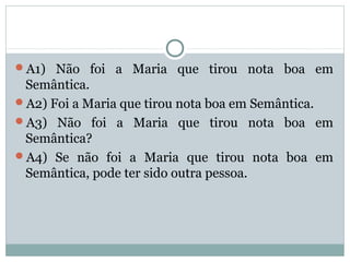 A1) Não foi a Maria que tirou nota boa em
Semântica.
A2) Foi a Maria que tirou nota boa em Semântica.
A3) Não foi a Maria que tirou nota boa em
Semântica?
A4) Se não foi a Maria que tirou nota boa em
Semântica, pode ter sido outra pessoa.
 