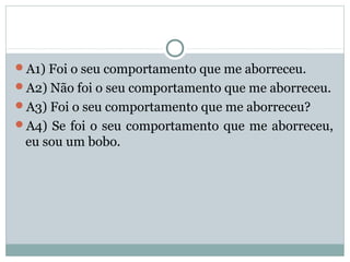A1) Foi o seu comportamento que me aborreceu.
A2) Não foi o seu comportamento que me aborreceu.
A3) Foi o seu comportamento que me aborreceu?
A4) Se foi o seu comportamento que me aborreceu,
eu sou um bobo.
 