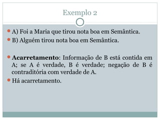 Exemplo 2
A) Foi a Maria que tirou nota boa em Semântica.
B) Alguém tirou nota boa em Semântica.
Acarretamento: Informação de B está contida em
A; se A é verdade, B é verdade; negação de B é
contraditória com verdade de A.
Há acarretamento.
 