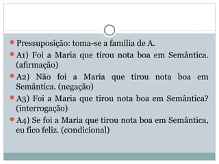 Pressuposição: toma-se a família de A.
A1) Foi a Maria que tirou nota boa em Semântica.
(afirmação)
A2) Não foi a Maria que tirou nota boa em
Semântica. (negação)
A3) Foi a Maria que tirou nota boa em Semântica?
(interrogação)
A4) Se foi a Maria que tirou nota boa em Semântica,
eu fico feliz. (c0ndicional)
 