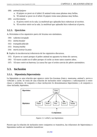 Semántica y Lexicología de la Lengua Española 09.23.2008 CAPÍTULO 3. RELACIONES LÉXICAS
(88) animal/pájaro
a. El pájaro se posó en el árbol. El animal tenía unas plumas muy bellas.
b. !El animal se posó en el árbol. El pájaro tenía unas plumas muy bellas.
(89) escritor/poeta
a. El poeta entró en la sala. La multitud que aplaudía hizo ruborizar al escritor.
b. !El escritor entró en la sala. La multitud que aplaudía hizo ruborizar al poeta.
3.2.3. Ejercicios
A. Determina si los siguientes pares de lexema son sinónimos.
(90) valiente/corajudo
(91) isleño/insular
(92) tranquilo/plácido
(93) bruma/niebla
(94) morir/estirar la pata
B. Explica la incoherencia/coherencia de los siguientes discursos.
(95) El perro se cansó porque el pobre animal no aguanta tu ritmo de carrera.
(96) ! El trasto acabó en el taller porque el coche ya tiene unos cuantos años.
(97) ! El nave entró en barrena. La causa fue que el avión carecía de piloto automático.
3.3. Inclusión
3.3.1. Hiponimia/hiperonimia
La hiponimia es una relación que aparece entre los lexemas fruta y manzana, animal y perro o
vehículo y coche. Se trata de una relación de inclusión entre conjuntos y subconjuntos o entre
clases y subclases. Al conjunto o clase incluyente lo denominamos hiperónimo y al conjunto o
clase incluida, hipónimo.
Figura 3.1: árbol y sus hipónimos
Puesto que la relación de inclusión entre conjuntos es transitiva, las relaciones de hiperonima o
hiponimia suelen ser también transitivas:
21/68
 