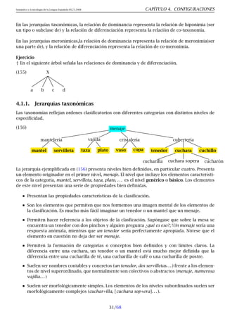 Semántica y Lexicología de la Lengua Española 09.23.2008 CAPÍTULO 4. CONFIGURACIONES
En las jerarquías taxonómicas, la relación de dominancia representa la relación de hiponimia (ser
un tipo o subclase de) y la relación de diferenciación representa la relación de co-taxonomía.
En las jerarquías meronímicas,la relación de dominancia representa la relación de meronimia(ser
una parte de), y la relación de diferenciación representa la relación de co-meronimia.
Ejercicio
† En el siguiente árbol señala las relaciones de dominancia y de diferenciación.
(155) X
a b c d
4.1.1. Jerarquías taxonómicas
Las taxonomías reflejan ordenes clasificatorios con diferentes categorías con distintos niveles de
especificidad.
(156) menaje
mantelería
mantel servilleta
vajilla
taza plato
cristalería
vaso copa
cubertería
tenedor cuchara
cucharilla cuchara sopera cucharón
cuchillo
La jerarquía ejemplificada en (156) presenta niveles bien definidos, en particular cuatro. Presenta
un elemento originador en el primer nivel, menaje. El nivel que incluye los elementos característi-
cos de la categoría, mantel, servilleta, taza, plato, . . . es el nivel genérico o básico. Los elementos
de este nivel presentan una serie de propiedades bien definidas.
Presentan las propiedades características de la clasificación.
Son los elementos que permiten que nos formemos una imagen mental de los elementos de
la clasificación. Es mucho más fácil imaginar un tenedor o un mantel que un menaje.
Permiten hacer referencia a los objetos de la clasficación. Supóngase que sobre la mesa se
encuentra un tenedor con dos pinchos y alguien pregunta ¿qué es eso?; !Un menaje sería una
respuesta anómala, mientras que un tenedor sería perfectamente apropiada. Nótese que el
elemento en cuestión no deja der ser menaje.
Permiten la formación de categorías o conceptos bien definidos y con límites claros. La
diferencia entre una cuchara, un tenedor o un mantel está mucho mejor definida que la
diferencia entre una cucharilla de té, una cucharilla de café o una cucharilla de postre.
Suelen ser nombres contables y concretos (un tenedor, dos servilletas. . . ) frente a los elemen-
tos de nivel superordinado, que normalmente son colectivos o abstractos (menaje, numerosa
vajilla. . . )
Suelen ser morfológicamente simples. Los elementos de los niveles subordinados suelen ser
morfológicamente complejos (cuchar+illa, [cuchara sop+era]. . . ).
31/68
 