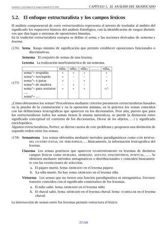 Semántica y Lexicología de la Lengua Española 09.23.2008 CAPÍTULO 5. EL ANÁLISIS DEL SIGNIFICADO
5.2. El enfoque estructuralista y los campos léxicos
El análisis componencial de corte estructuralista representa el intento de trasladar al ámbito del
significado los supuestos básicos del análisis fonológico, con la identificación de rasgos distinti-
vos que dan lugar a sistemas de oposiciones binarias.
En la tradición estructuralista europea se define el sema, y las nociones derivadas de semema y
lexema.
(176) Sema Rasgo mínimo de significación que permite establecer oposiciones funcionales o
discrimativas.
Semema El conjunto de semas de una lexema.
Lexema La realización morfosintáctica de un semema.
(177)
silla1 silla2 silla3 . . . . . . sillan
sema1
= respaldo + + + +
sema2
= terciopelo + - - -
sema3
= 4 patas + - + +
sema4
= de madera - + - -
sema5
= para sentarse + + + +/-
. . .
seman
= . . .
¿Cómo obtenemos los semas? Procedemos mediante criterios puramente estructuralistas basados
en la prueba de la conmutación y en la oposición mínima, en la práctica los semas coinciden
con las definiciones lexicográficas que aparecen en los diccionarios. Peor aún, puesto que para
los estructuralistas todos los semas tienen la misma naturaleza, se pierde la distinción entre
significado conceptual (el contorno de los diccionarios, Dícese de los objetos, . . . ) y significado
enciclopédico.
Algunos estructuralistas, Pottier, se dieron cuenta de este problema y proponen una distinción de
segundo orden entre los semas.
(178) Semantema Los semas obtenidos mediante metodos paradigmáticos como con respal-
do, cuatro patas, de terciopelo, . . . Básicamente, la información lexicográfica del
lexema.
Clasema Los semas genéricos que aparecen recurrentemente en lexemas de distintos
campos léxicos como humano, animado, adulto, discontinuo, puntual, . . . . Se
obtienen mediante métodos sintagmáticos o distribucionales y coinciden básicamen-
te con las restricciones de selección.
a. El pájaro murió. Sema animado en el lexema pájaro.
b. !La silla murió. No hay sema animado en el lexema silla.
Virtuema Los semas que no tienen una función paradigmática ni sintagmática. Frecuen-
temente coinciden con el significado connotativo de los lexemas.
a. El niño salió. Sema animado en el lexema niño.
b. El chaval salió. Sema animado en el lexema chaval. Sema +familiar en el lexema
chaval.
La intersección de semas entre los lexemas permite estructura el léxico.
37/68
 