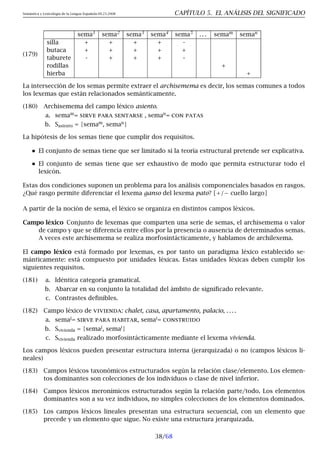 Semántica y Lexicología de la Lengua Española 09.23.2008 CAPÍTULO 5. EL ANÁLISIS DEL SIGNIFICADO
(179)
sema1
sema2
sema3
sema4
sema5
. . . semam
seman
silla + + + + -
butaca + + + + +
taburete - + + + -
rodillas +
hierba +
La intersección de los semas permite extraer el archisemema es decir, los semas comunes a todos
los lexemas que están relacionados semánticamente.
(180) Archisemema del campo léxico asiento.
a. semam
= sirve para sentarse , seman
= con patas
b. Sasiento = {semam
, seman
}
La hipótesis de los semas tiene que cumplir dos requisitos.
El conjunto de semas tiene que ser limitado si la teoría estructural pretende ser explicativa.
El conjunto de semas tiene que ser exhaustivo de modo que permita estructurar todo el
lexicón.
Estas dos condiciones suponen un problema para los análisis componenciales basados en rasgos.
¿Qué rasgo permite diferenciar el lexema ganso del lexema pato? [+/− cuello largo]
A partir de la noción de sema, el léxico se organiza en distintos campos léxicos.
Campo léxico Conjunto de lexemas que comparten una serie de semas, el archisemema o valor
de campo y que se diferencia entre ellos por la presencia o ausencia de determinados semas.
A veces este archisemema se realiza morfosintácticamente, y hablamos de archilexema.
El campo léxico está formado por lexemas, es por tanto un paradigma léxico establecido se-
mánticamente: está compuesto por unidades léxicas. Estas unidades léxicas deben cumplir los
siguientes requisitos.
(181) a. Idéntica categoría gramatical.
b. Abarcar en su conjunto la totalidad del ámbito de significado relevante.
c. Contrastes definibles.
(182) Campo léxico de vivienda: chalet, casa, apartamento, palacio, . . . .
a. semaj
= sirve para habitar, semai
= construido
b. Svivienda = {semaj
, semai
}
c. Svivienda realizado morfosintácticamente mediante el lexema vivienda.
Los campos léxicos pueden presentar estructura interna (jerarquizada) o no (campos léxicos li-
neales)
(183) Campos léxicos taxonómicos estructurados según la relación clase/elemento. Los elemen-
tos dominantes son colecciones de los individuos o clase de nivel inferior.
(184) Campos léxicos meronímicos estructurados según la relación parte/todo. Los elementos
dominantes son a su vez individuos, no simples colecciones de los elementos dominados.
(185) Los campos léxicos lineales presentan una estructura secuencial, con un elemento que
precede y un elemento que sigue. No existe una estructura jerarquizada.
38/68
 