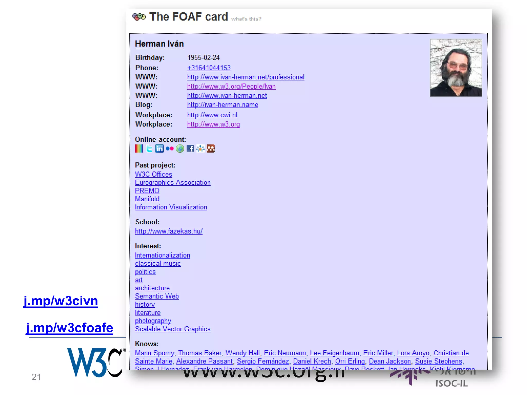 j.mp/w3civn

j.mp/w3cfoafe


 21             www.w3c.org.il
 