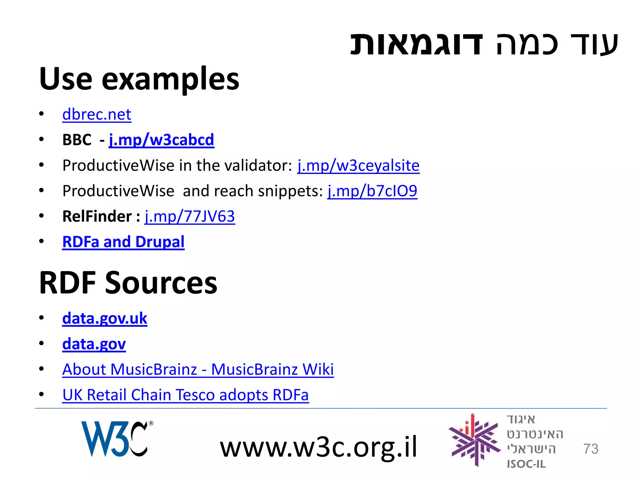 ‫עוד כמה דוגמאות‬
Use examples
•   dbrec.net
•   BBC - j.mp/w3cabcd
•   ProductiveWise in the validator: j.mp/w3ceyalsite
•   ProductiveWise and reach snippets: j.mp/b7cIO9
•   RelFinder : j.mp/77JV63
•   RDFa and Drupal

RDF Sources
•   data.gov.uk
•   data.gov
•   About MusicBrainz - MusicBrainz Wiki
•   UK Retail Chain Tesco adopts RDFa


                         www.w3c.org.il                 73
 