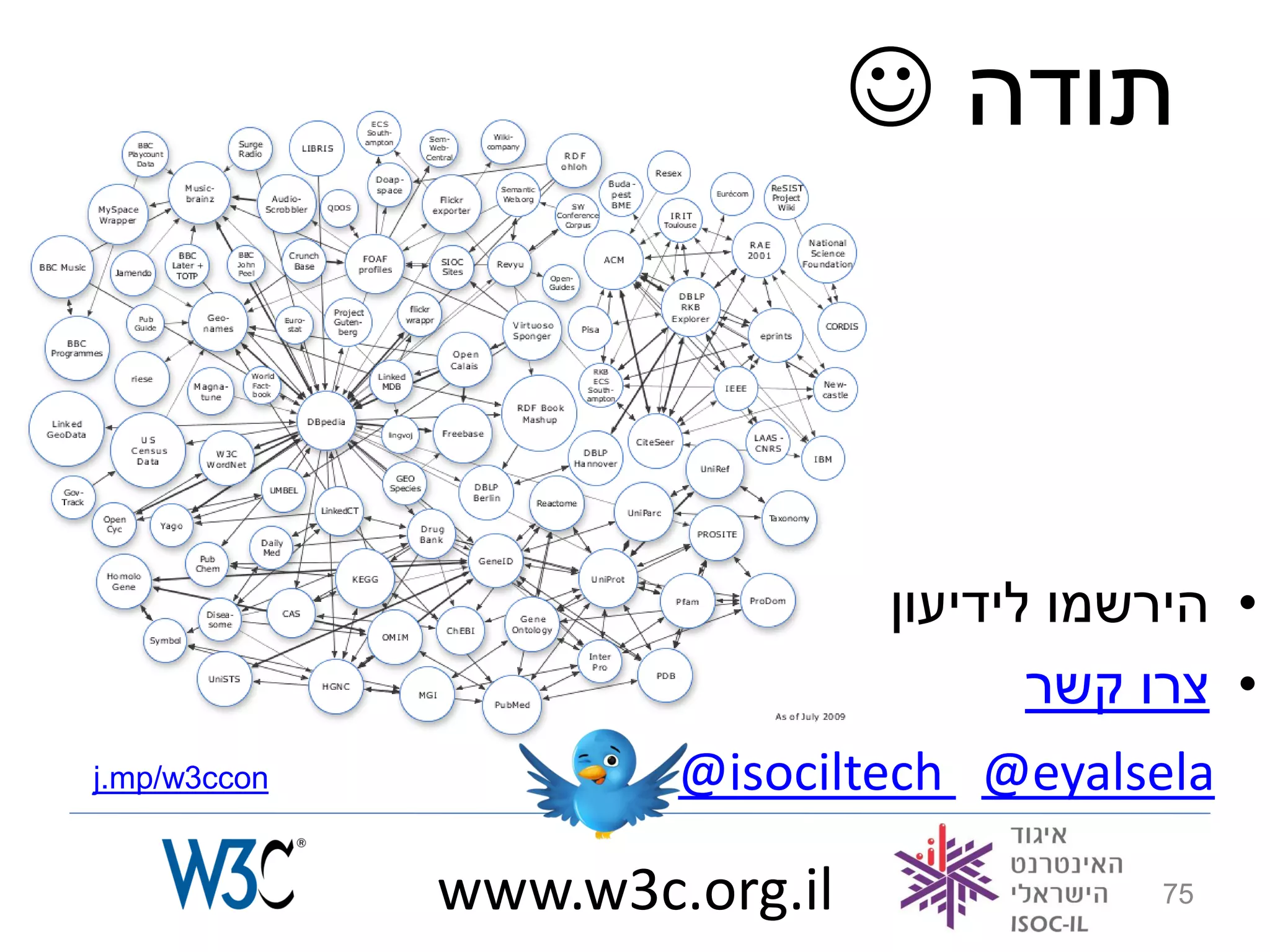  ‫תודה‬



                               ‫• הירשמו לידיעון‬
                                      ‫• צרו קשר‬
j.mp/w3ccon           @isociltech @eyalsela

              www.w3c.org.il              75
 