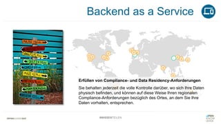 Backend as a Service
#WISSENTEILEN
Erfüllen von Compliance- und Data Residency-Anforderungen
Sie behalten jederzeit die volle Kontrolle darüber, wo sich Ihre Daten
physisch befinden, und können auf diese Weise Ihren regionalen
Compliance-Anforderungen bezüglich des Ortes, an dem Sie Ihre
Daten vorhalten, entsprechen.
 