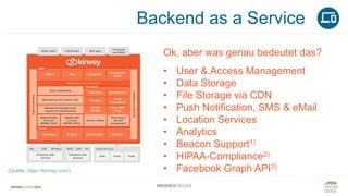 Backend as a Service
#WISSENTEILEN
Ok, aber was genau bedeutet das?
• User &.Access Management
• Data Storage
• File Storage via CDN
• Push Notification, SMS & eMail
• Location Services
• Analytics
• Beacon Support1)
• HIPAA-Compliance2)
• Facebook Graph API3)
(Quelle: https://kinvey.com/)
 
