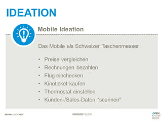 Mobile Ideation
IDEATION
#WISSENTEILEN
Das Mobile als Schweizer Taschenmesser
• Preise vergleichen
• Rechnungen bezahlen
• Flug einchecken
• Kinoticket kaufen
• Thermostat einstellen
• Kunden-/Sales-Daten “scannen“
 