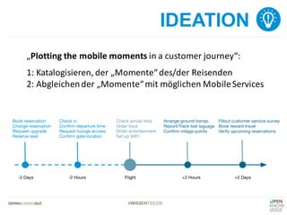 #WISSENTEILEN
IDEATION
„Plotting the mobile	moments in	a	customer journey“:
1:	Katalogisieren,	der	„Momente“	des/der	Reisenden
2:	Abgleichen	der	„Momente“	mit	möglichen	Mobile	Services
 