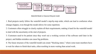 1. Real projects rarely follow the waterfall model’s step-by-step order, which can lead to confusion when
changes happen, even though the model allows for some repetition.
2. Customers often struggle to clearly explain all their requirements, making it hard for the waterfall model
to deal with the uncertainty at the start of projects.
3. Customers need to be patient since they won't see a working version of the software until later in the
project, and hidden mistakes can cause big problems.
4. The linear structure of the waterfall model can create “blocking states,” where some team members have
to wait for others to finish their tasks, often resulting in more waiting than actual work.
 