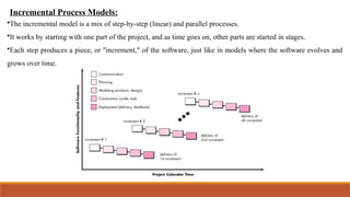 Incremental Process Models:
•The incremental model is a mix of step-by-step (linear) and parallel processes.
•It works by starting with one part of the project, and as time goes on, other parts are started in stages.
•Each step produces a piece, or "increment," of the software, just like in models where the software evolves and
grows over time.
 