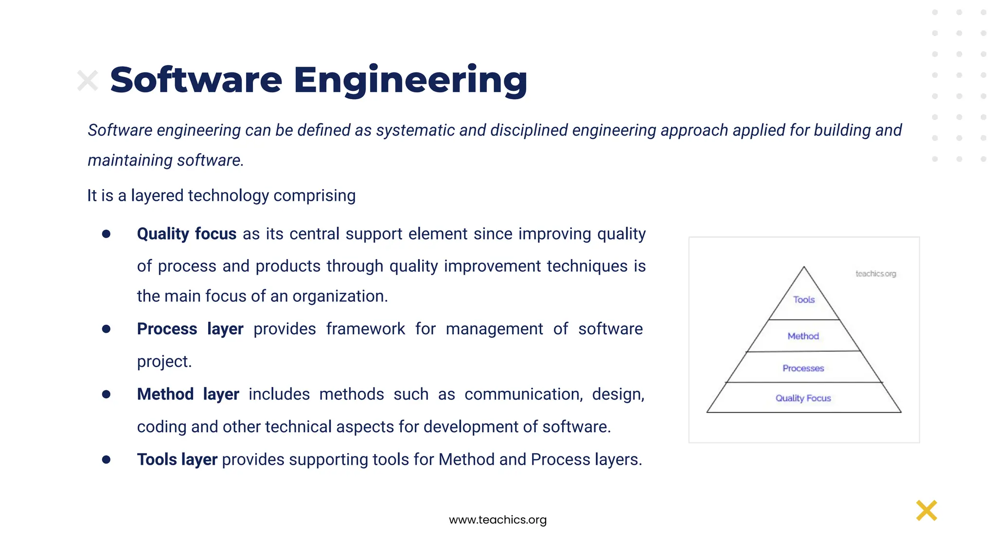 www.teachics.org
Software engineering can be deﬁned as systematic and disciplined engineering approach applied for building and
maintaining software.
Software Engineering
It is a layered technology comprising
● Quality focus as its central support element since improving quality
of process and products through quality improvement techniques is
the main focus of an organization.
● Process layer provides framework for management of software
project.
● Method layer includes methods such as communication, design,
coding and other technical aspects for development of software.
● Tools layer provides supporting tools for Method and Process layers.
 