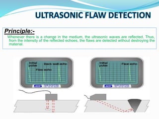 Principle:-
Whenever there is a change in the medium, the ultrasonic waves are reflected. Thus,
from the intensity of the reflected echoes, the flaws are detected without destroying the
material.
 