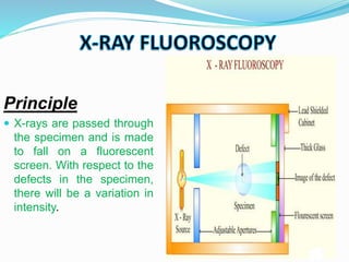 Principle
 X-rays are passed through
the specimen and is made
to fall on a fluorescent
screen. With respect to the
defects in the specimen,
there will be a variation in
intensity.
 