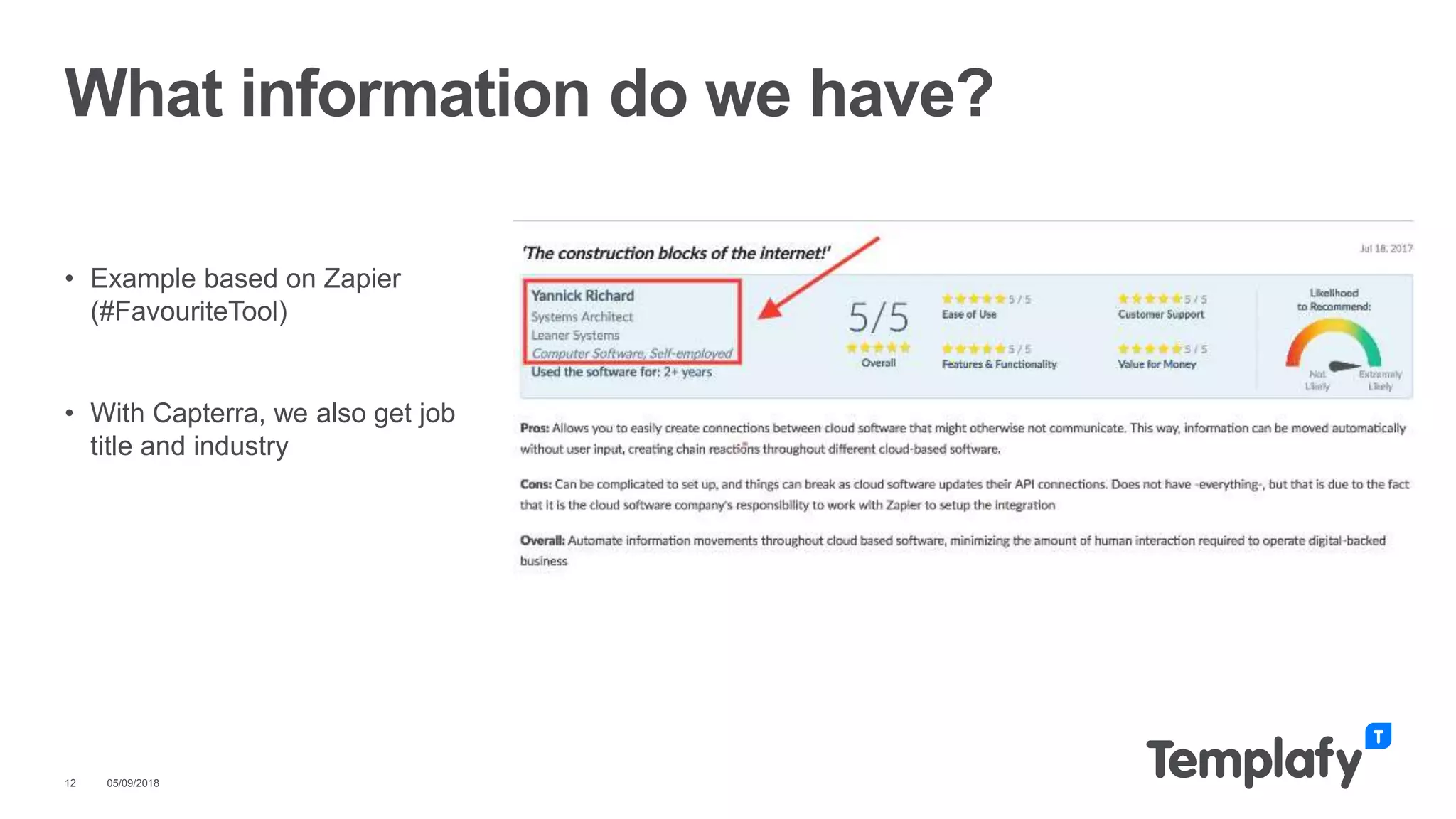 • Example based on Zapier
(#FavouriteTool)
• With Capterra, we also get job
title and industry
05/09/201812
What information do we have?
 