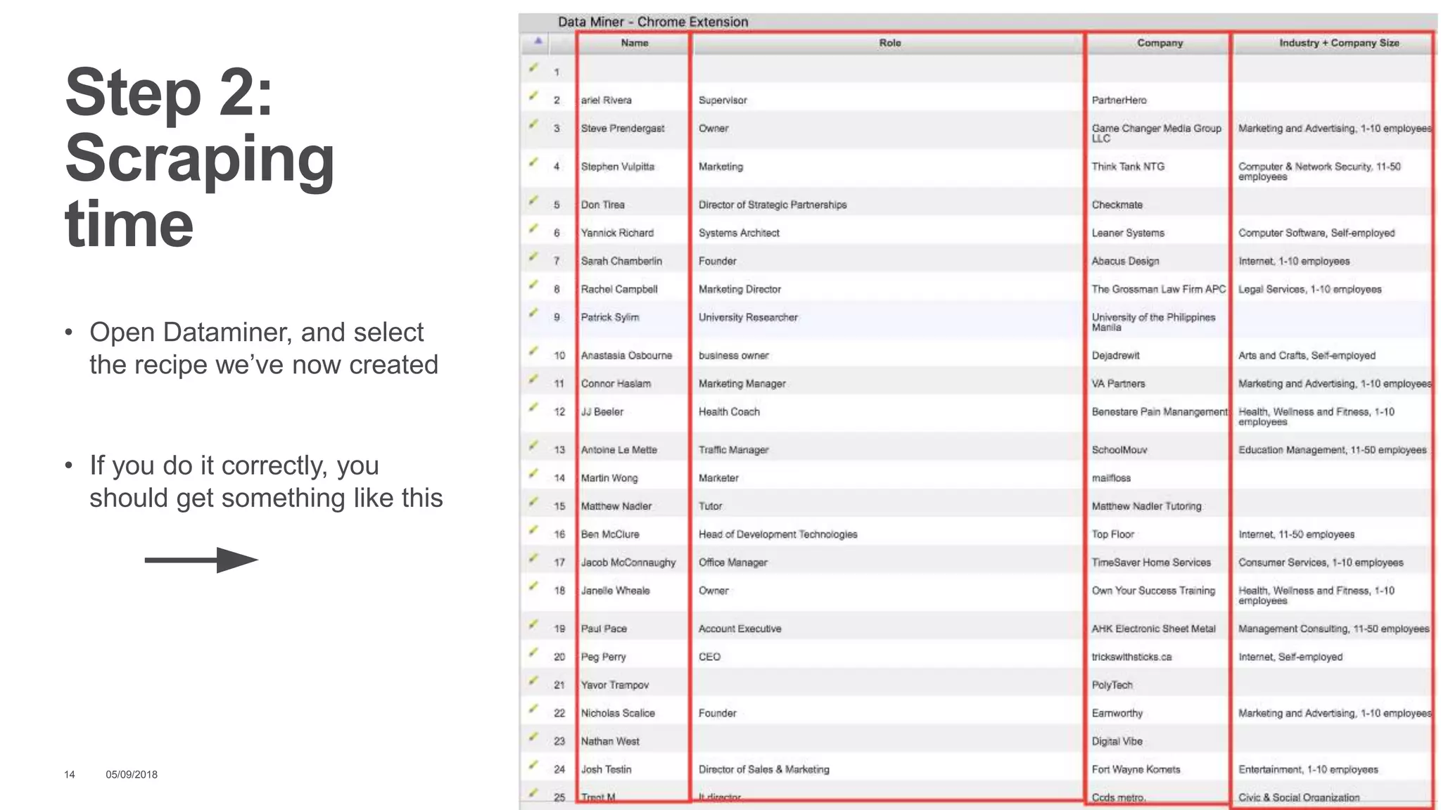• Open Dataminer, and select
the recipe we’ve now created
• If you do it correctly, you
should get something like this
05/09/201814
Step 2:
Scraping
time
 