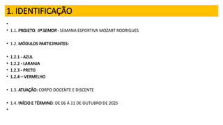 1. IDENTIFICAÇÃO
•
• 1.1. PROJETO: IIª SEMOR - SEMANA ESPORTIVA MOZART RODRIGUES
• 1.2. MÓDULOS PARTICIPANTES:
• 1.2.1 - AZUL
• 1.2.2 - LARANJA
• 1.2.3 - PRETO
• 1.2.4 – VERMELHO
• 1.3. ATUAÇÃO: CORPO DOCENTE E DISCENTE
• 1.4. INÍCIO E TÉRMINO: DE 06 Á 11 DE OUTUBRO DE 2025
•
 