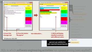 RQ1: In which software engineering activities has opinion mining been applied?
ISO/IEC/IEEE12207
assessing technique/API
discovering rationale


API usage
general user satisfaction


user-reported issues/requests
identifying requirements
detecting emotion/sentiment


relating emotion/sentiment to performance


evaluating trust
Di Sorbo et al. ASE 2015
 