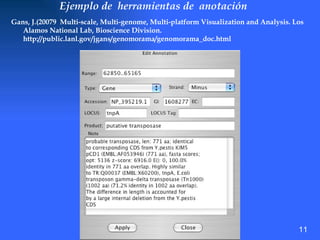 Ejemplo de  herramientas de  anotación Gans, J.(20079  Multi-scale, Multi-genome, Multi-platform Visualization and Analysis. Los Alamos National Lab, Bioscience Division. http://public.lanl.gov/jgans/genomorama/genomorama_doc.html 11 