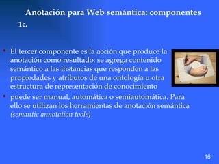 Anotación para Web semántica: componentes El tercer componente  es la acción que produce la anotación como resultado: se agrega contenido semántico a las instancias que responden a las propiedades y atributos de una ontología u otra estructura de representación de conocimiento puede ser manual, automática o semiautomática. Para ello se utilizan los herramientas de anotación semántica  (semantic annotation tools)  1c. 16 