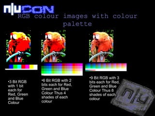 RGB colour images with colour palette 3 Bit RGB with 1 bit each for Red, Green and Blue Colour 6 Bit RGB with 2 bits each for Red, Green and Blue Colour Thus 4 shades of each colour 9 Bit RGB with 3 bits each for Red, Green and Blue Colour Thus 8 shades of each colour 
