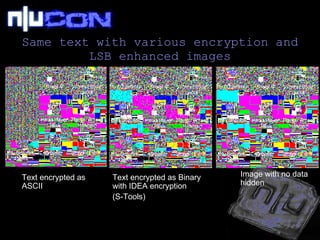 Same text with various encryption and LSB enhanced images Text encrypted as ASCII Text encrypted as Binary with IDEA encryption  (S-Tools) Image with no data hidden 