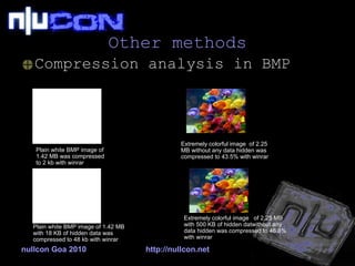 Other methods Compression analysis in BMP nullcon Goa 2010 http://nullcon.net Plain white BMP image of 1.42 MB was compressed to 2 kb with winrar Plain white BMP image of 1.42 MB with 18 KB of hidden data was compressed to 48 kb with winrar Extremely colorful image  of 2.25 MB without any data hidden was compressed to 43.5% with winrar Extremely colorful image  of 2.25 MB with 500 KB of hidden datwithout any data hidden was compressed to 46.8% with winrar 