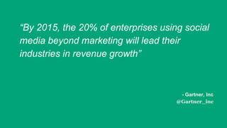 “By 2015, the 20% of enterprises using social
media beyond marketing will lead their
industries in revenue growth”
- Gartner, Inc
@Gartner_inc
 