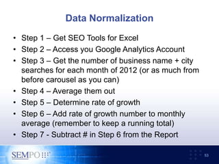 Data Normalization
• Step 1 – Get SEO Tools for Excel
• Step 2 – Access you Google Analytics Account
• Step 3 – Get the number of business name + city
searches for each month of 2012 (or as much from
before carousel as you can)
• Step 4 – Average them out
• Step 5 – Determine rate of growth
• Step 6 – Add rate of growth number to monthly
average (remember to keep a running total)
• Step 7 - Subtract # in Step 6 from the Report
53
 