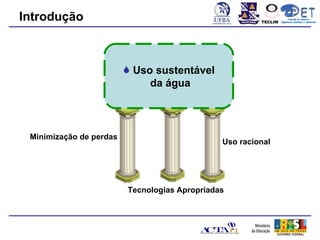 Introdução                                              TECLIM
                                                                       Conexão de Saberes
                                                                 Engenharia Sanitária e Ambiental
                                                                            Sanitá




                          Uso sustentável
                              da água



 Minimização de perdas
                                               Uso racional




                         Tecnologias Apropriadas
 