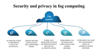 Security and privacy in fog computing
INTRUSION CAN ALSO
BE CAPTURED BY
USING AN
ANOMALY-BASED
METHOD.
PUBLIC KEY
INFRASTRUCTURE(P
KI) WHICH INVOLVE
MULTICAST
AUTHENTICATION.
INTRUSIONS CAN
BE DETECTED
USING SIGNATURE
BASED
METHOD.
SMART METERS
INSTALLED IN
THE CONSUMERS
HOME.
AUTHENTICATION
AT DIFFERENT
LEVELS OF
GATEWAYS.
Fog
security
 