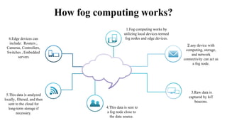 How fog computing works?
4.This data is sent to
a fog node close to
the data source.
5.This data is analyzed
locally, filtered, and then
sent to the cloud for
long-term storage if
necessary.
1.Fog computing works by
utilizing local devices termed
fog nodes and edge devices.
3.Raw data is
captured by IoT
beacons.
6.Edge devices can
include: Routers ,
Cameras, Controllers,
Switches , Embedded
servers
2.any device with
computing, storage,
and network
connectivity can act as
a fog node.
 