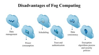 Disadvantages of Fog Computing
Data
management
Power
consumption
Scheduling
Trust and
authentication
Data
consistency
Encryption
algorithms process
and security
policies
 