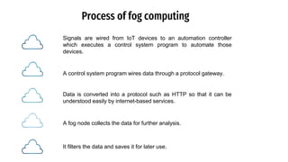 Process of fog computing
35%
Signals are wired from IoT devices to an automation controller
which executes a control system program to automate those
devices.
A control system program wires data through a protocol gateway.
Data is converted into a protocol such as HTTP so that it can be
understood easily by internet-based services.
A fog node collects the data for further analysis.
It filters the data and saves it for later use.
 