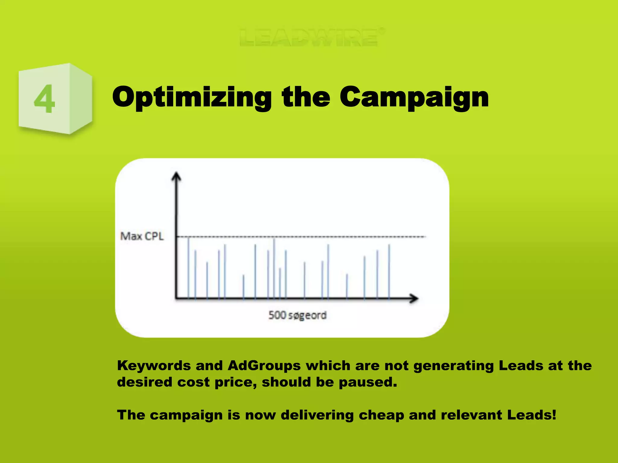 Interpreting the DataWhen you have enough and representative data:Keywords and AdGroups which are generating undesirable expensive Leads or no Leads at all, are identified !
