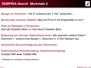 SEMPRIA-Search Merkmale 2
Bezüge von Pronomen * Die X1 kritisierte den Y. Sie1 antwortete . . .
Beziehungen zwischen Objekten Was hat Firma X mit Kriegswaffen zu tun?
Rolle von Beteiligten in Ereignissen
Kauf der Dresdner Bank vs. Kauf durch Dresdner Bank
Bedeutung aus mehreren Sätzen/Dokumenten Wer exportiert seltene Erden?
Dokument 1: seltene Erde Neodym + Dokument 2: X führt Neodym aus
semantische Suchvorschläge aus den Dokumenten
Fehlerrobustheit (Rechtschreibung, Zusammenschreibung)
Fussball WM
Fußball-WM
* abhängig vom verfügbaren Hintergrundwissen

10/ 12

SEMPRIA, 2013-11-29

 