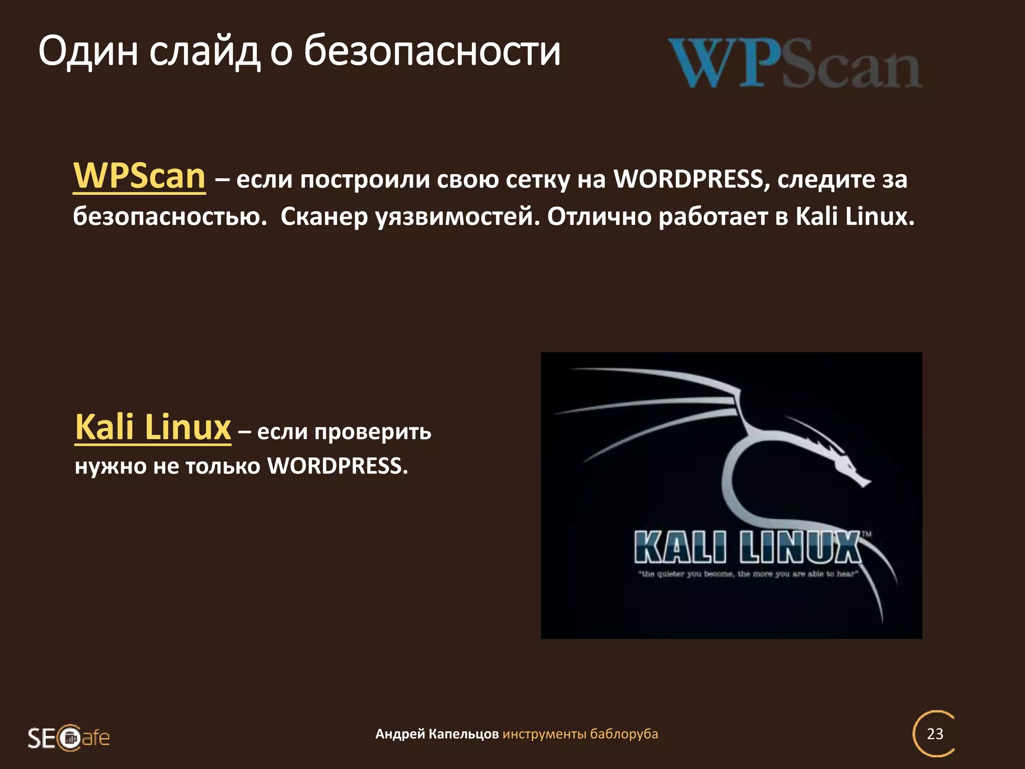 Андрей Капельцов инструменты баблоруба 23
Один слайд о безопасности
WPScan – если построили свою сетку на WORDPRESS, следите за
безопасностью. Сканер уязвимостей. Отлично работает в Kali Linux.
Kali Linux – если проверить
нужно не только WORDPRESS.
 