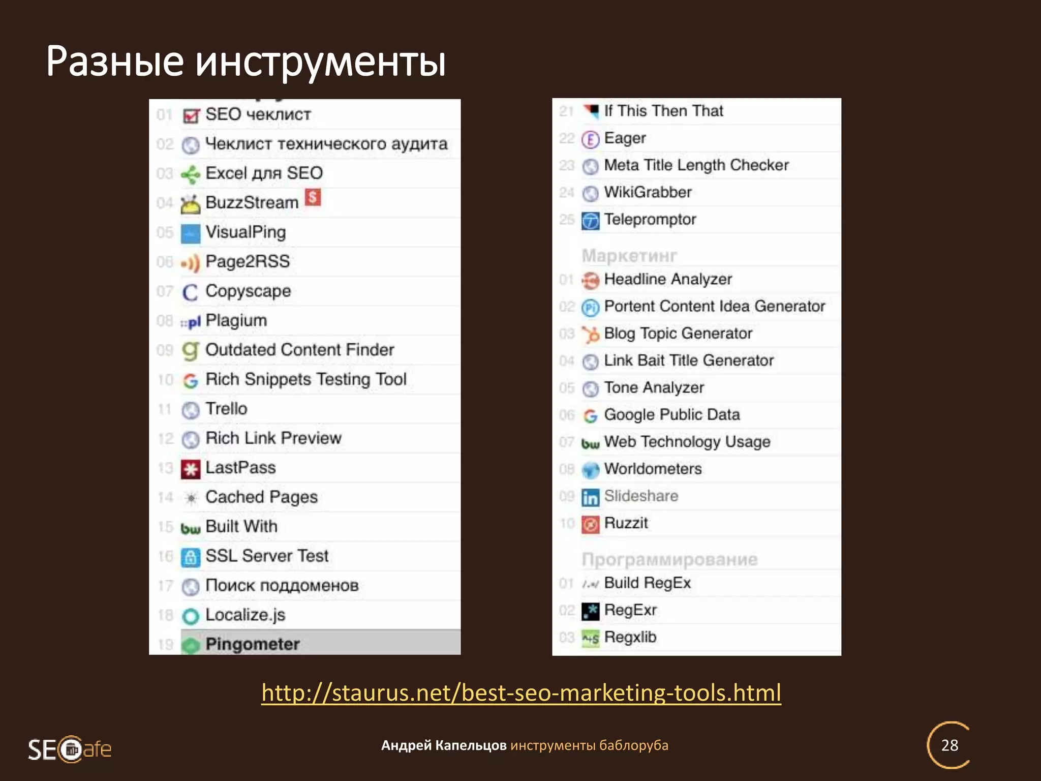 Разные инструменты
Андрей Капельцов инструменты баблоруба 28
http://staurus.net/best-seo-marketing-tools.html
 
