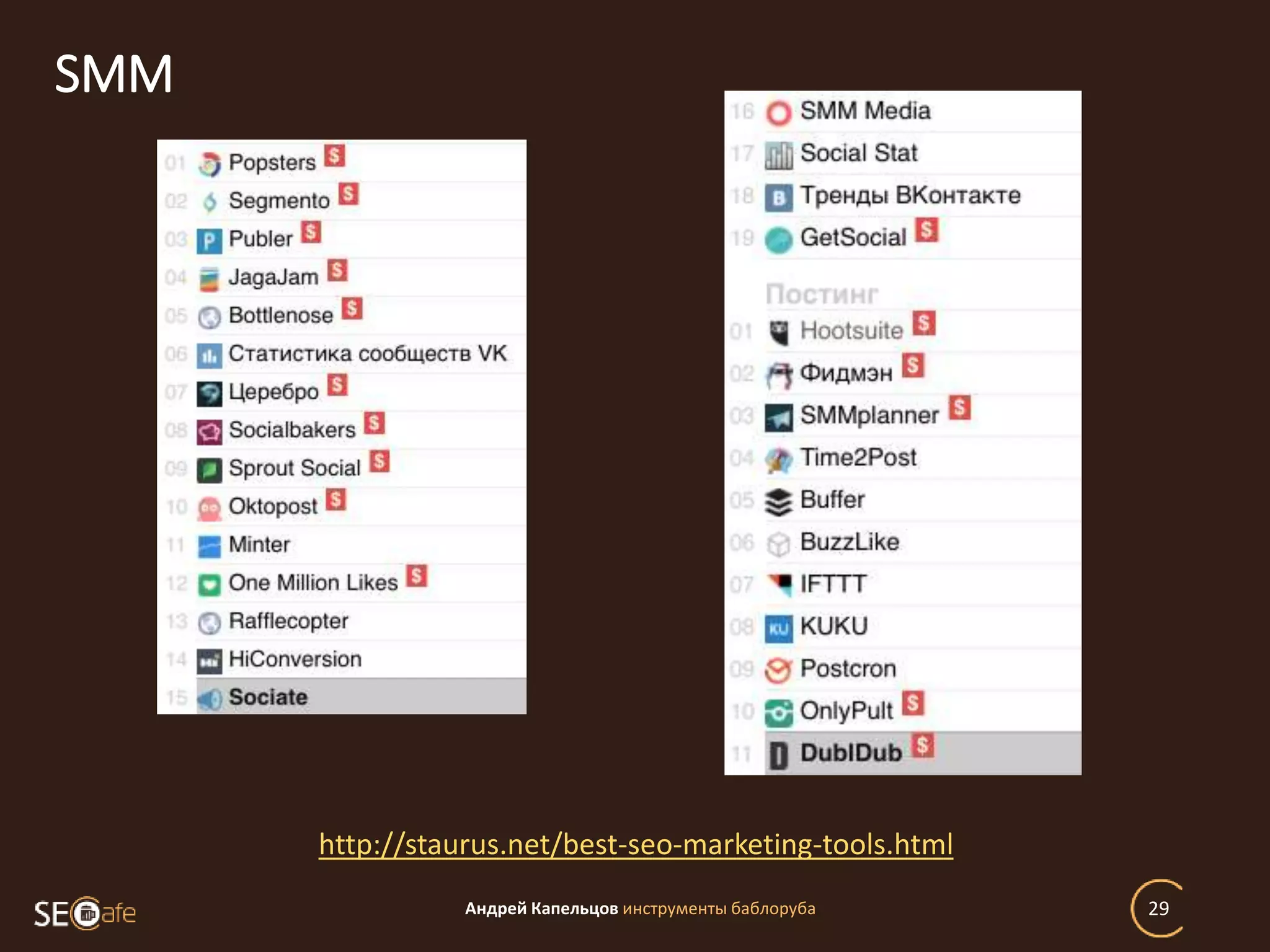 SMM
Андрей Капельцов инструменты баблоруба 29
http://staurus.net/best-seo-marketing-tools.html
 