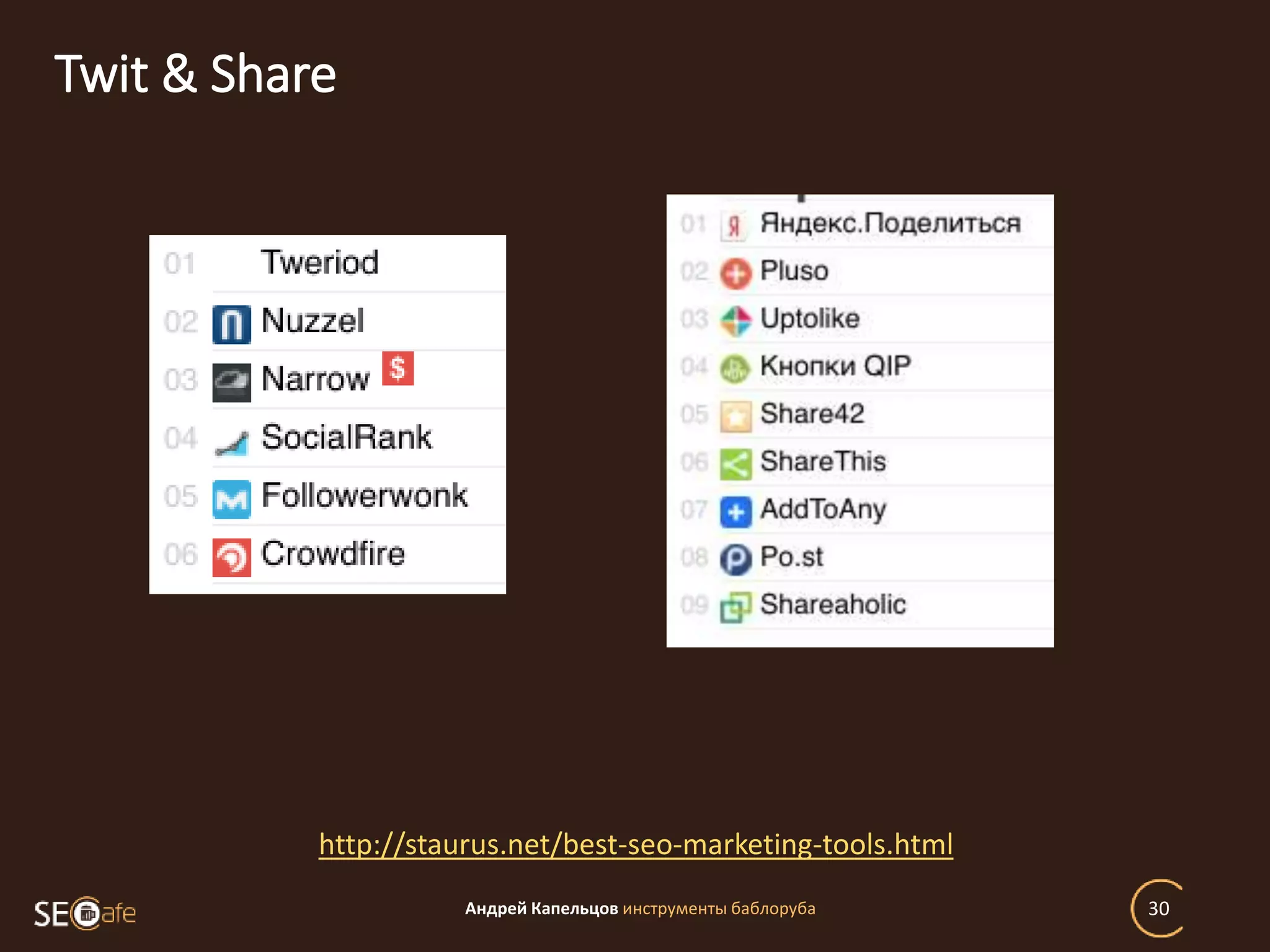 Twit & Share
Андрей Капельцов инструменты баблоруба 30
http://staurus.net/best-seo-marketing-tools.html
 