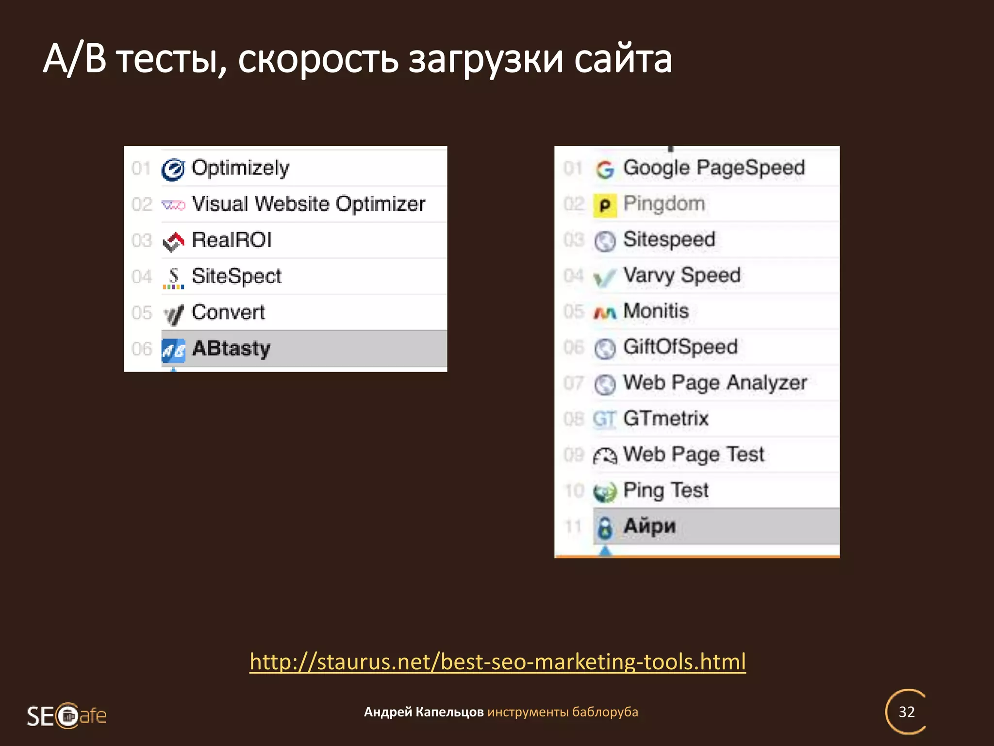 A/B тесты, скорость загрузки сайта
Андрей Капельцов инструменты баблоруба 32
http://staurus.net/best-seo-marketing-tools.html
 