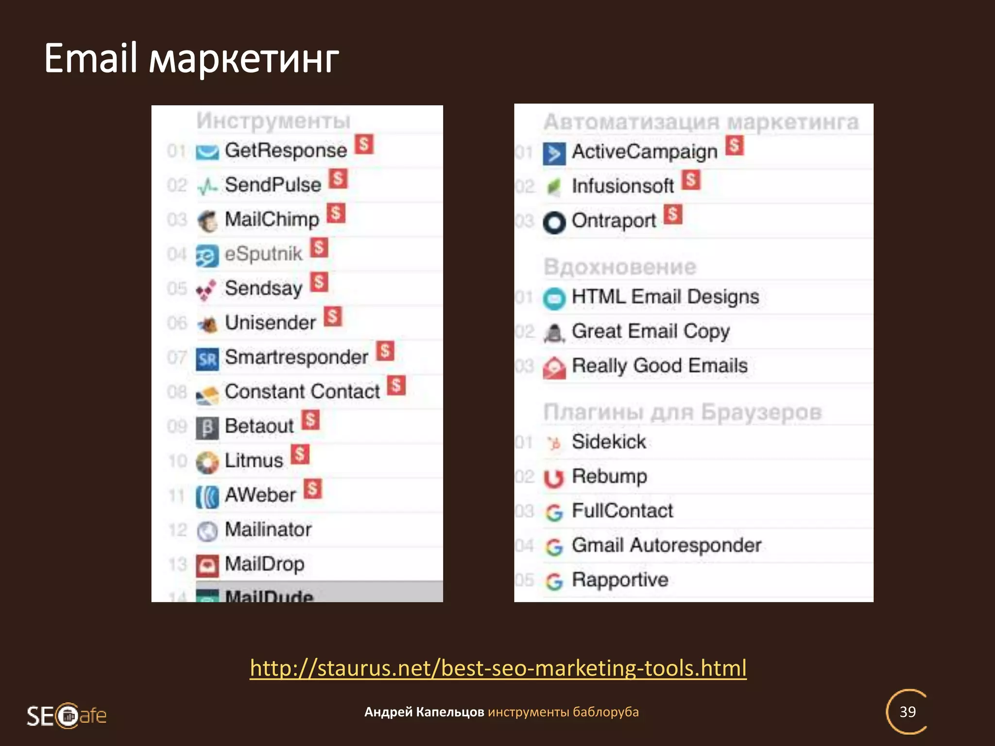 Email маркетинг
Андрей Капельцов инструменты баблоруба 39
http://staurus.net/best-seo-marketing-tools.html
 