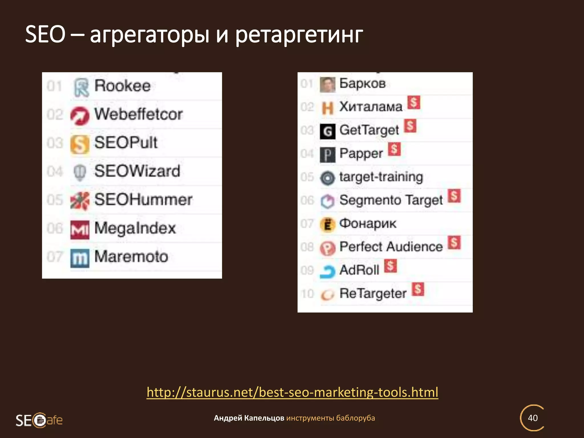 SEO – агрегаторы и ретаргетинг
Андрей Капельцов инструменты баблоруба 40
http://staurus.net/best-seo-marketing-tools.html
 