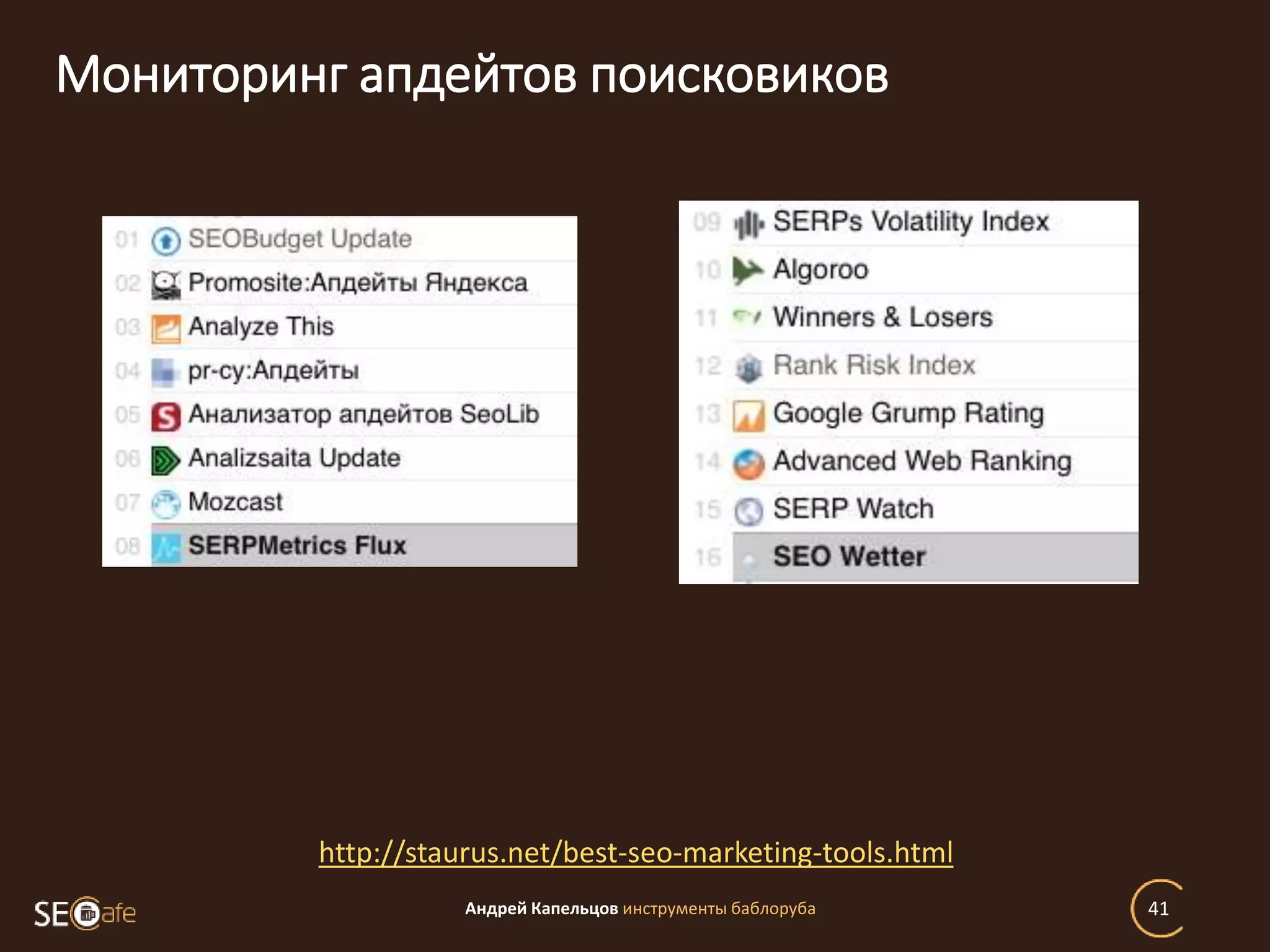 Мониторинг апдейтов поисковиков
Андрей Капельцов инструменты баблоруба 41
http://staurus.net/best-seo-marketing-tools.html
 