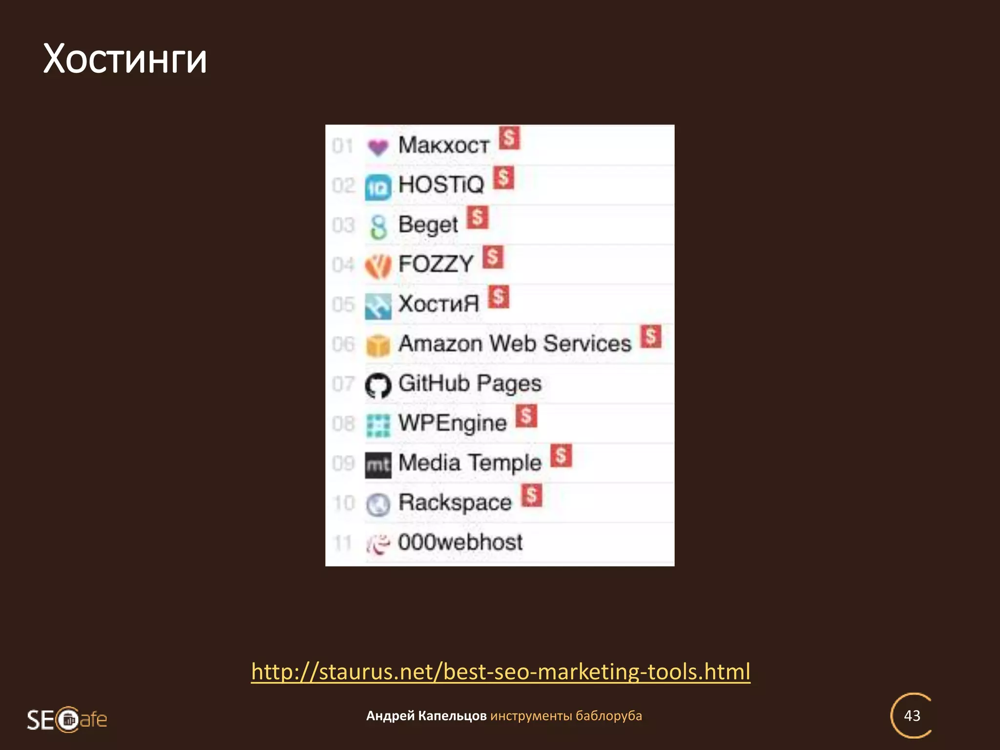 Хостинги
Андрей Капельцов инструменты баблоруба 43
http://staurus.net/best-seo-marketing-tools.html
 